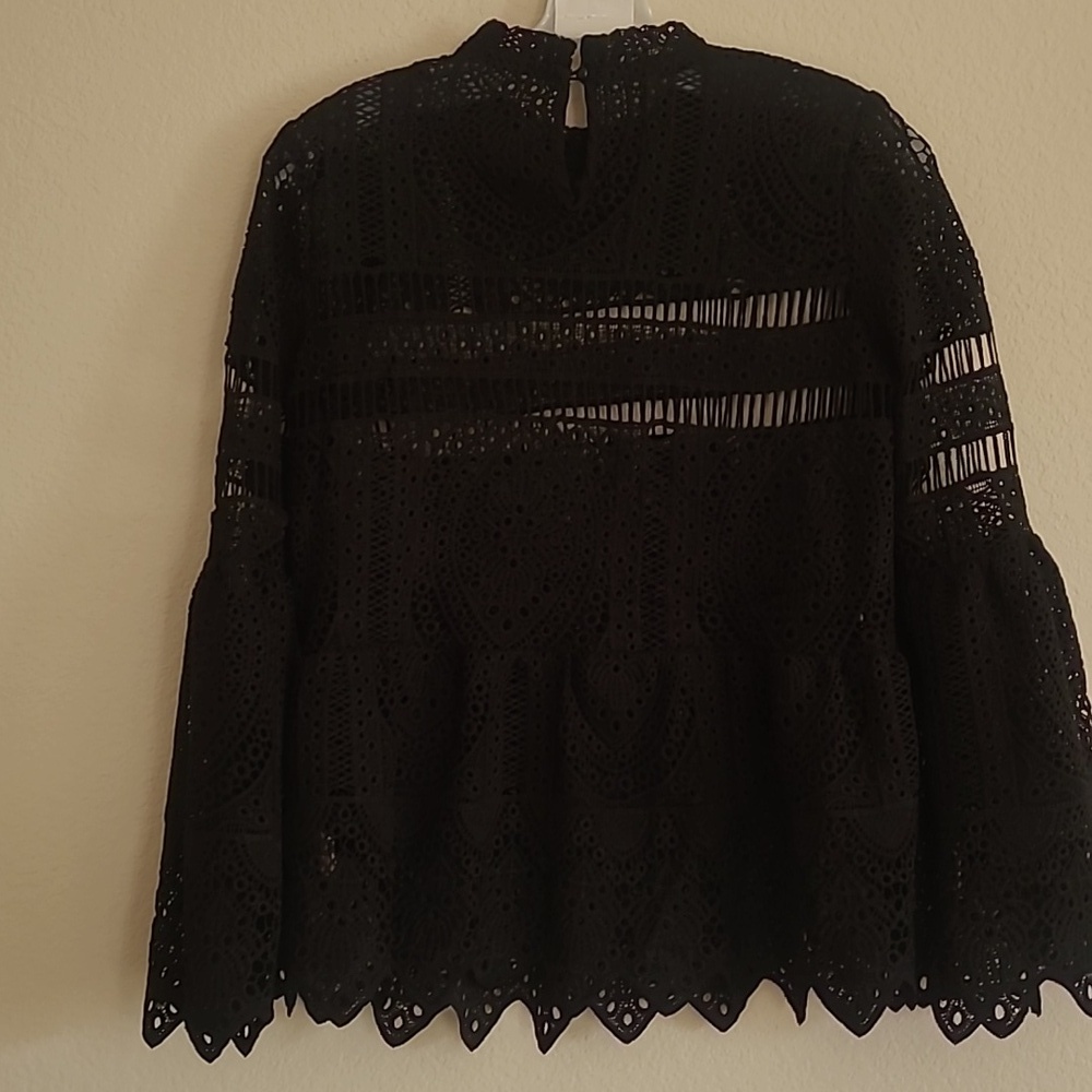 Boohoo Black Crotchet Lace Longsleeve Bell Sleeve Peplum Top Size 6 - Picture 6 of 11